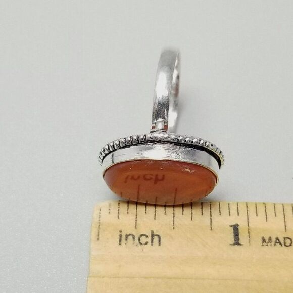 Vintage Oval Orange Stone Ring, Bezel Set Silver Tone Size 8 1/2 Band, Estate - Picture 6 of 8